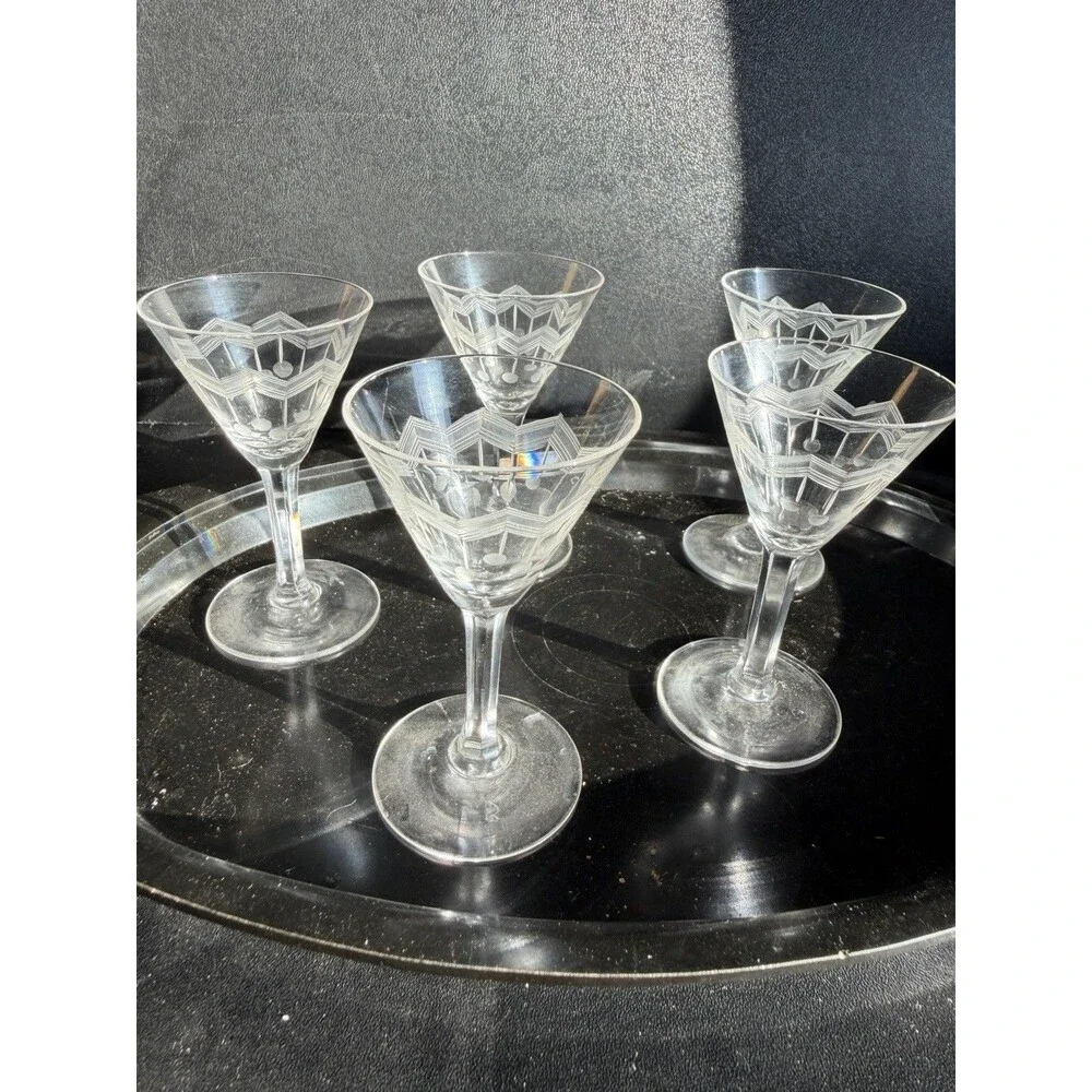 Set of 5 Vintage Art Deco Etched Crystal Cocktail/Sherry Glasses